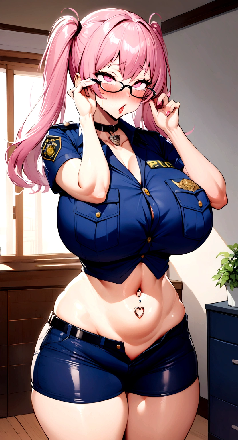 big lips, pink hair, pink eyes, cara japonesa Ahegao, improve, improve grin, two sides up, huge breasts, Wide hips, sexy, detailed, room, Hits, Ahegao, kawaii, police pants, police, GOOD,police costume, police shirt, choker, police pants, police shirt,navel piercing,ropa interior,huge breasts,use glasses