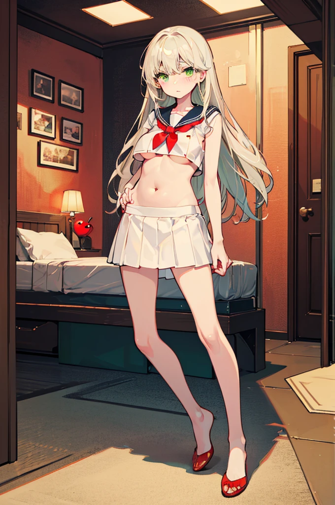 (masterpiece,high resolution, Extremely detailed),Cosy bedroom,1 Girl,((Solitary)),Looking at the audience,Light Blonde Hair,Green Eyes,White hair,(Huge tits),Sailor Suit,up skirt,Flat Belly,Slender legs,(Red nose:1.4),(Full Body Love),