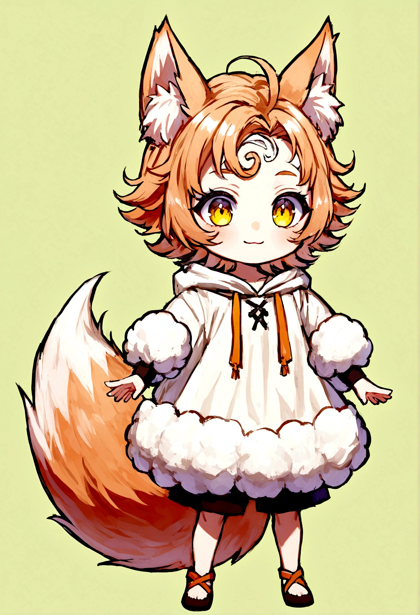 (vtubermodel:1.2) fullbody,1boy,a **********,hood, beautiful orange hair, Short hair, slightly fluffy, with naturally curly ends and some broken hair hanging in front of the forehead.beautiful yellow eyes,fox ears,1fox tail,A-pose,light smile,whitle background,