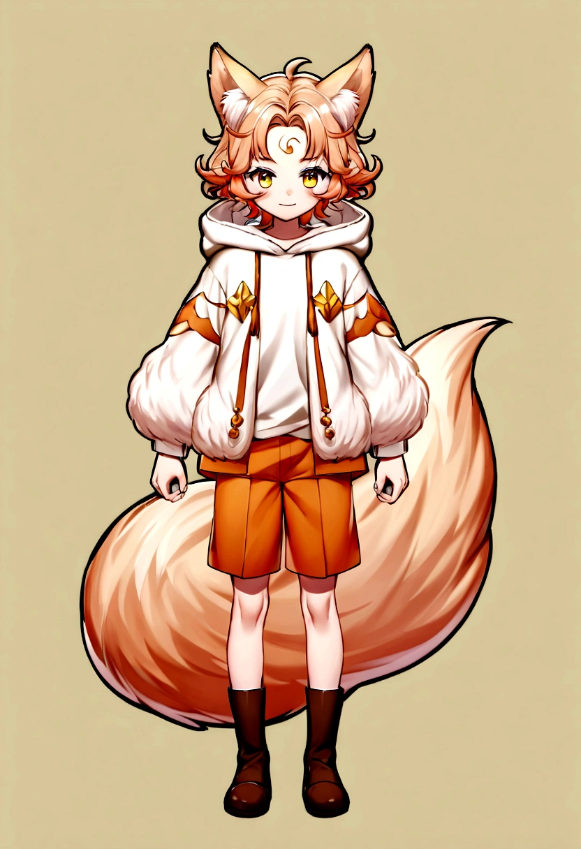 (vtubermodel:1.2) fullbody,1boy,************,hood, beautiful orange hair, Short hair, slightly fluffy, with naturally curly ends and some broken hair hanging in front of the forehead.beautiful yellow eyes,fox ears,1fox tail,A-pose,light smile,whitle background,