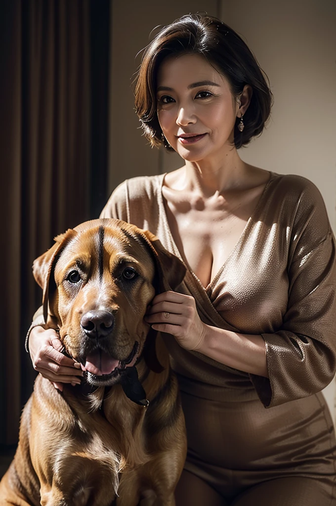(masterpiece:1.4),((1 woman and 1 dog : 1.5)), (((portrait of mature woman and her big dog : 1.4))), (65-year-old woman:1.5), (Facial wrinkles : 1.2), Nasolabial folds, (looking at viewer : 1), (smirking : 1.3), pores, dull skin, skin blemishes, (short hair), large saggy breasts, plump body, (elegant lady), (classy formal dress), detailed backgrounds, (Old Western-style building), (dim atmosphere), gloomy, dark lighting, (dog's tongue), plump thigh, (petting a dog)