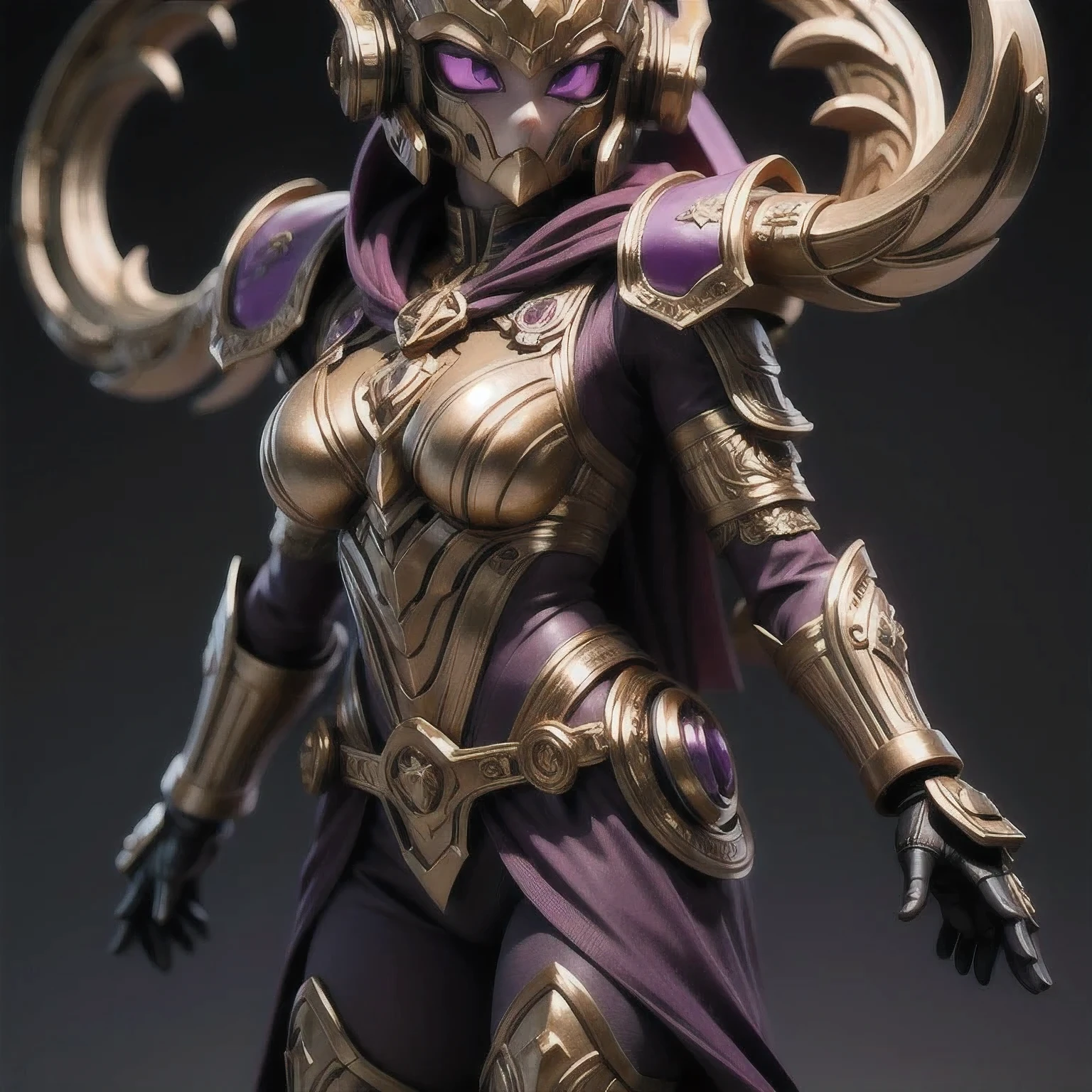 Close up of purple and gold toys, Super detailed fantasy characters, Science Fiction Characters render, detailed humanoid, Star Pathfinder Characters, Science Fiction Characters, Science Fiction Characters, humanoid character, very detailed character, Color Rendering, 3D Rendering Character Art 8K, Alien Armor, safi'jiiva armor, Marmoset Rendering