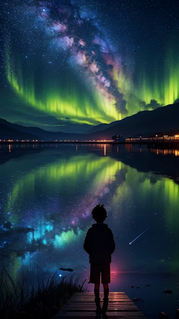 a silhouette of boy sitting in the pier next to a lake, in the distance, from behind, no face shown, looking at the vast sky, clouds, shooting stars, aurora borealis, milky way, the scene is dominated by vast sky, octane color rendering 