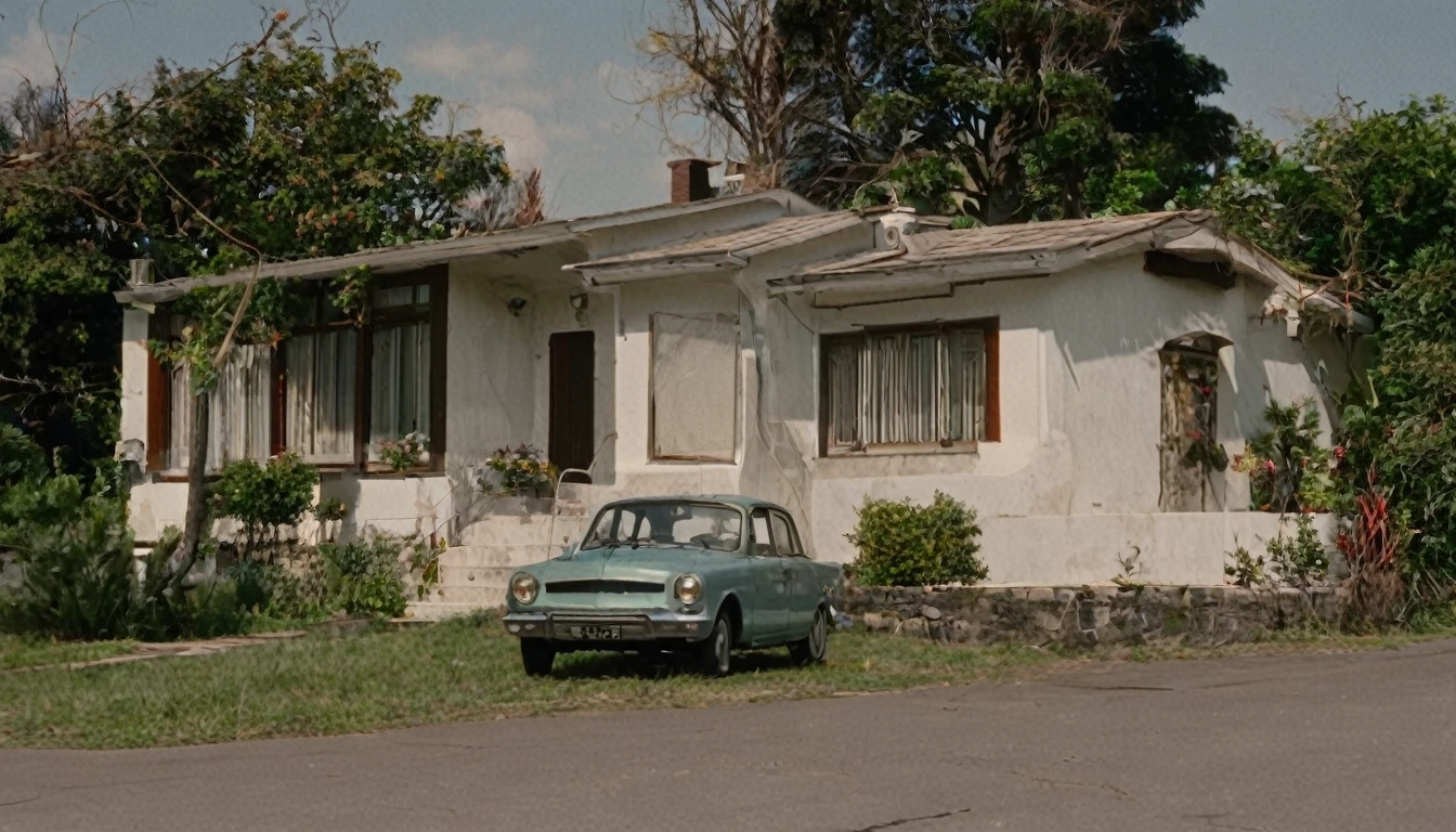 small isolated house, several cars parked in front, quiet day