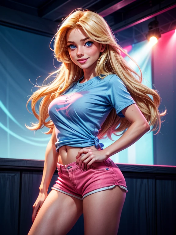 a woman with long blonde hair, blue eyes, with a sexy pink and blue cropped skirt, smiling, happy, cheerful, high definition, Ultra Quality hair, Ultra Quality face, Ultra Quality image, cinematic lights,,,, sensual and sexy pose (medium and exposed breasts).