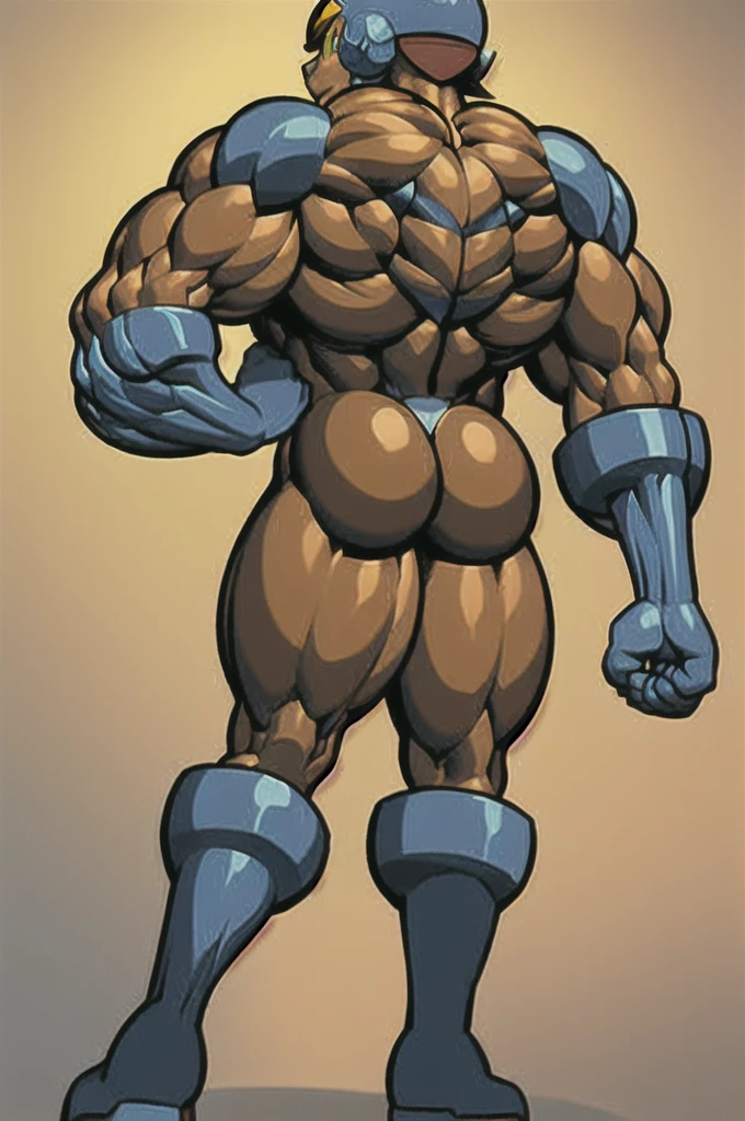 blue boots , yellow shoulder pads, blue helmet , Brown hair , green eyes, Blue suit, 1 boy, full body, masculine, muscular, happy, megaman ,muscle , bodybuilder ,hypermuscle , human , boy , male , Pecs , Big , huge butt , alone
