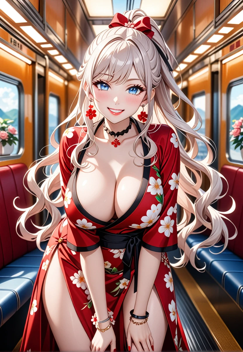 ultra-detailed, ((one girl)), (pale skin:1.3), gyaru, ((blue eyes)), (heavy makeup), hyper detailed, absurdres, 8K, Beautiful Face, (Laugh shyly), ((teasing smile:1.8)), ((Wink:1.7)), (Laugh with your mouth wide open),((Tilt your head:1.6)), View your viewers, ((Bright red cheeks:1.6)),Glossy Red Lips, ((Big Breasts:1.5)), (show off breast), noon, on the train, (Brighten your face), ((Anime style background)),masterpiece, Highest quality, so beautiful,Latest, Complex details, (Pink long nails), (nail art), (ring),(bracelet), (Floral Choker),AI-generated, Complex,High resolution, Highest quality, super high quality,3D Images、3D Images,One person,Long white hair,(High Ponytail), (wavy hair:1.3), White haired anime woman posing for a photo, ((Fine grain、blue eyes、glowing eyes:1.4)), (Squint your eyes:1.1),a hyperRealistic , hyperRealistic , Realistic,Anime woman with long white hair, Smooth anime CG art, A girl in a gorgeous black kimono, ((Black furisode)),(Red large floral pattern), ((undressing:1.2)), Long flower hair ornament,Floral Earrings,Mature Body, tall,Narrow waist, Sit in your seat, ((leaning forward:1.5), ((front view)),