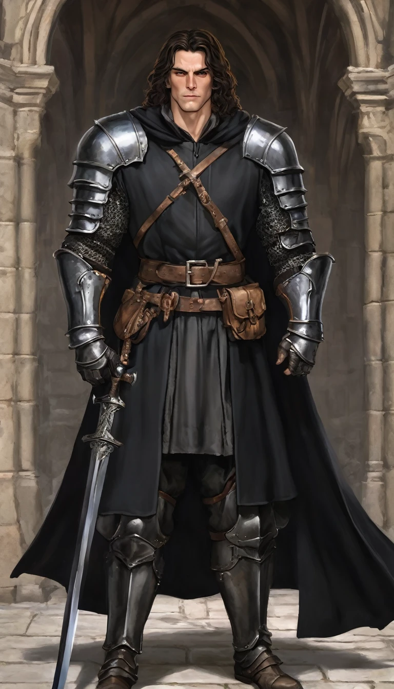 full-length photo of a 1.80 meter man, 90kg muscle mass, long black overcoat , long and short hair, brown eyes, medieval armor with clawed metal gloves,. He has scars on the corner of his mouth and left eye and a medieval sword.
