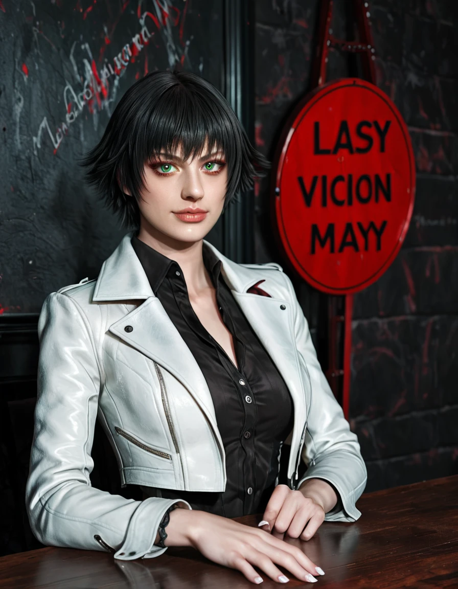 (best quality:1.2), lady (from devil may cry 5:1.1), perfect face, white jacket, black pants, green eyes, sit on the table, in a dark agency background, devil may cry red sign , night, alone, dark wall
