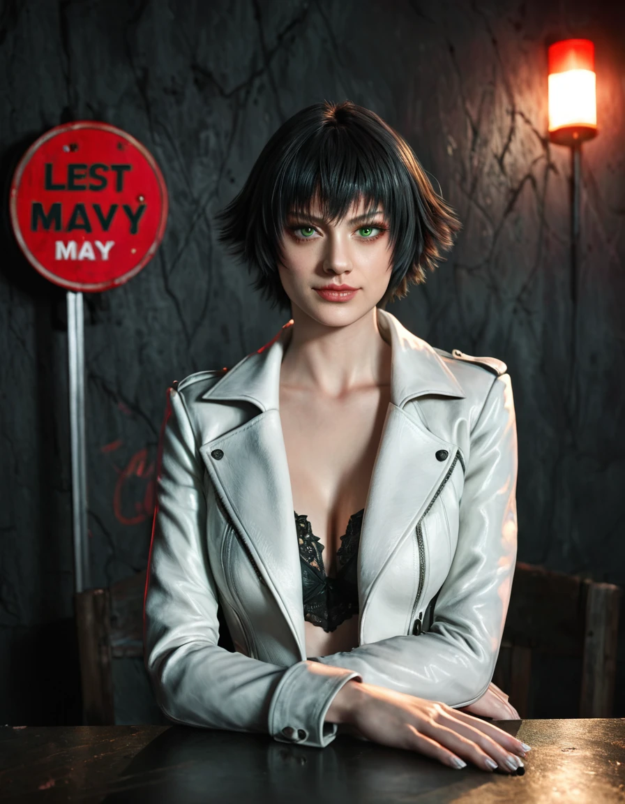 (best quality:1.2), lady (from devil may cry 5:1.1), perfect face, white jacket, black pants, green eyes, sit on the table, in a dark agency background, devil may cry red sign , night, alone, dark wall
