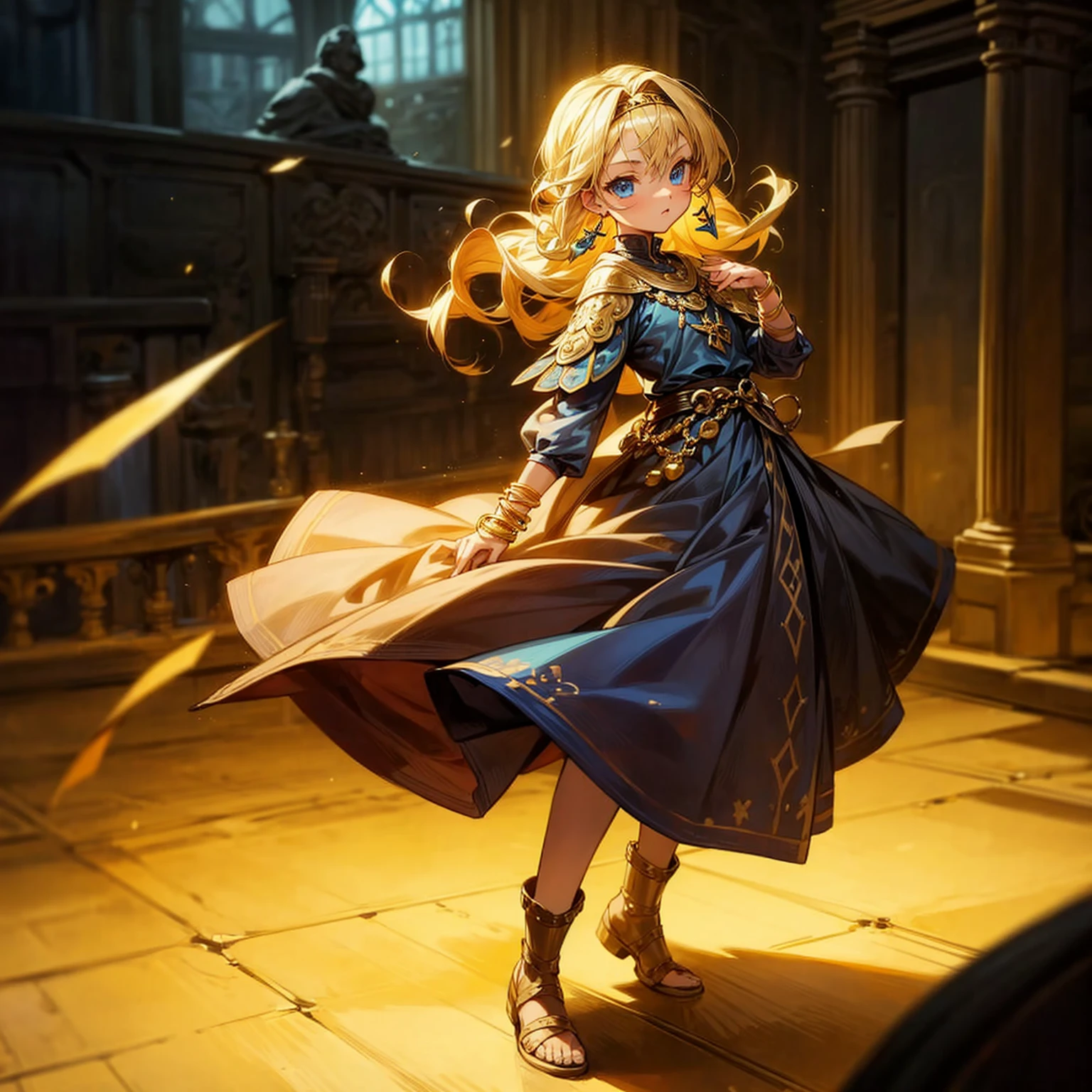 1childern girl, Full body version, 1character,  version, blue eyes color, long Curly haircut, blonde colour hair, Gold earrings, gold bracelets, medieval style clothing, Grassroots, background in indoor bar, motion blur, (Hunter x Hunter style)