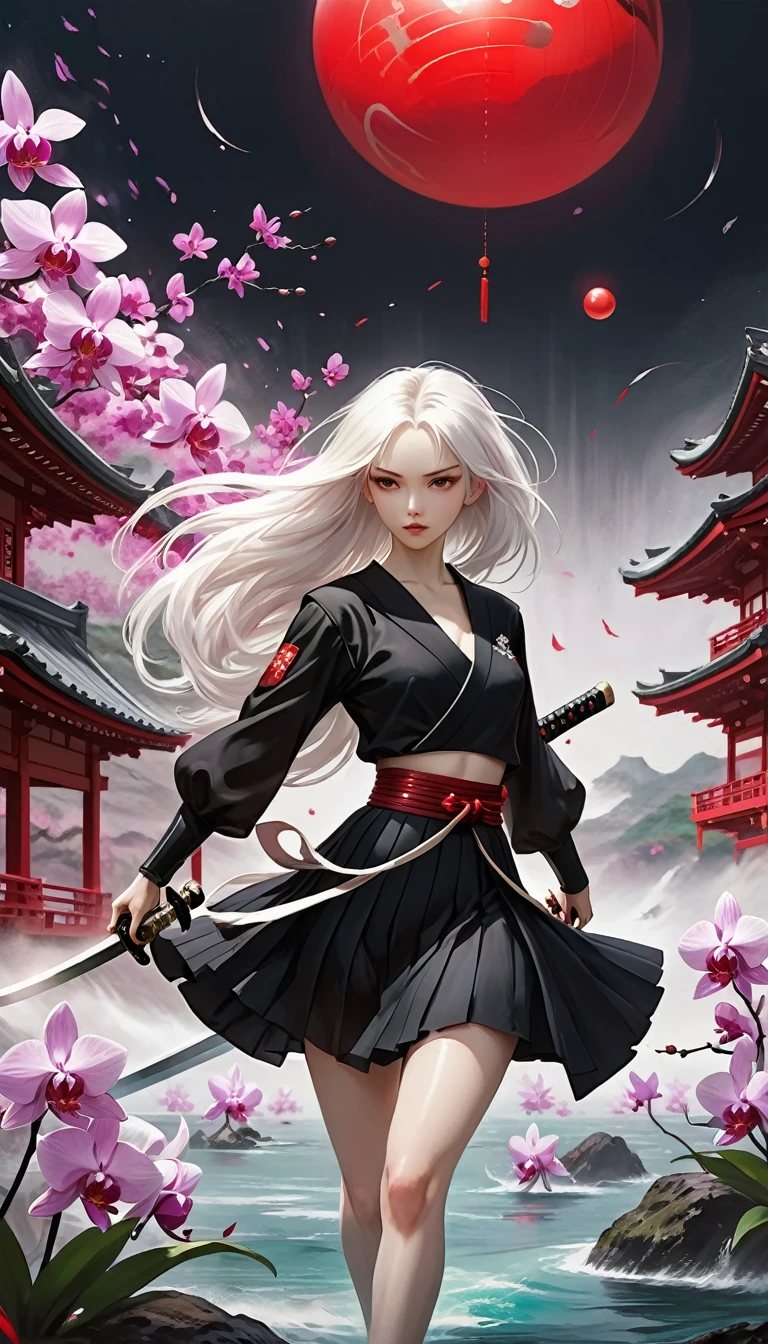 (style of santiago caruso:1.1),1 girl，Black sailor suit pleated skirt，Blurred foreground，orchid，Long white hair fluttering in the wind，Background blur，Red sphere background，permanent，Japanese sword，握着Japanese sword，（眼睛被orchid盖住），A transparent bioluminescent bone snake wrapped around the body