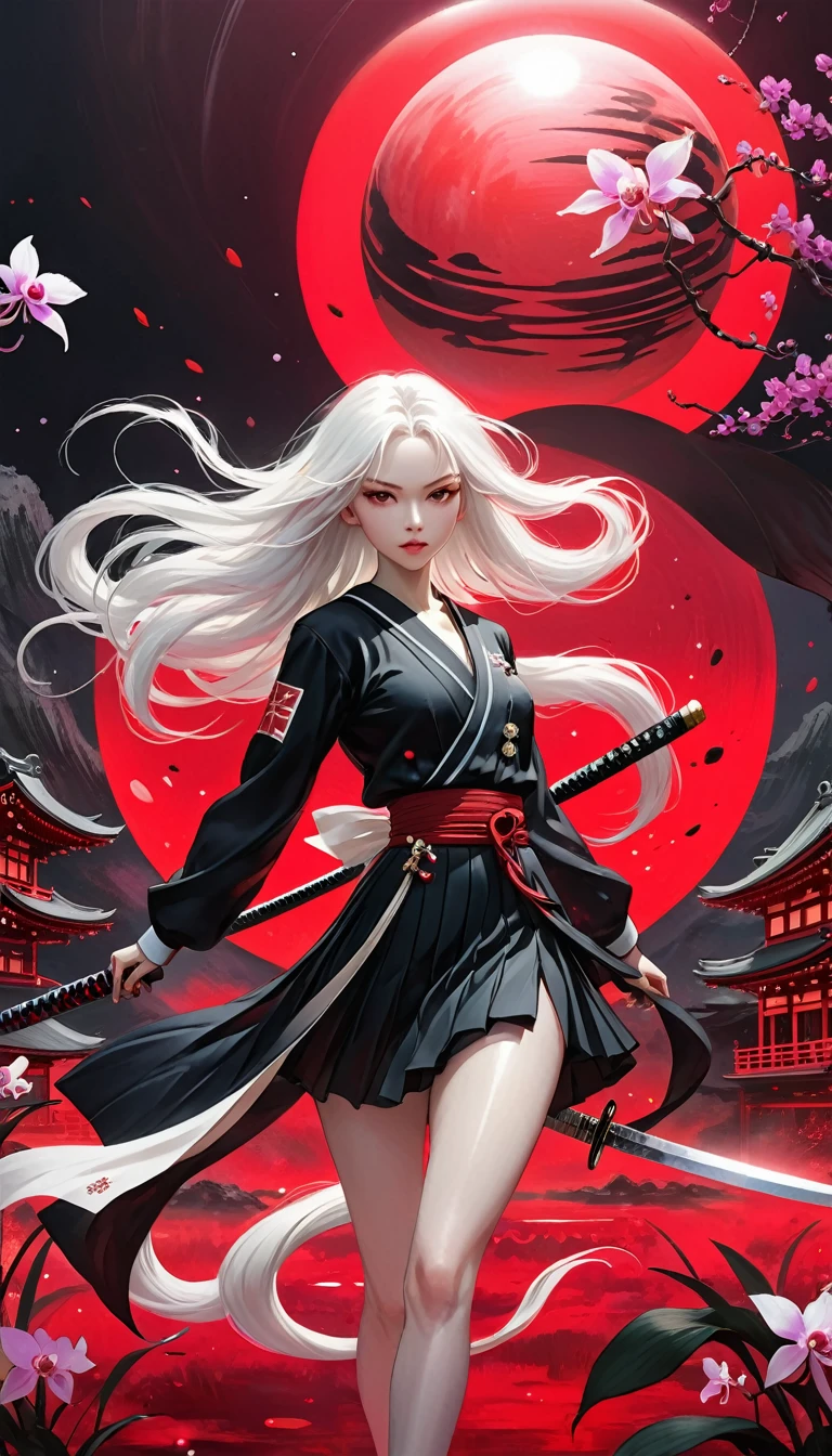 (style of santiago caruso:1.1),1 girl,Black sailor suit pleated skirt,Blurred foreground,orchid,Long white hair fluttering in the wind,Background blur,Red sphere background,permanent,Japanese sword,握着Japanese sword,(眼睛被orchid盖住),A transparent bioluminescent bone snake wrapped around the body