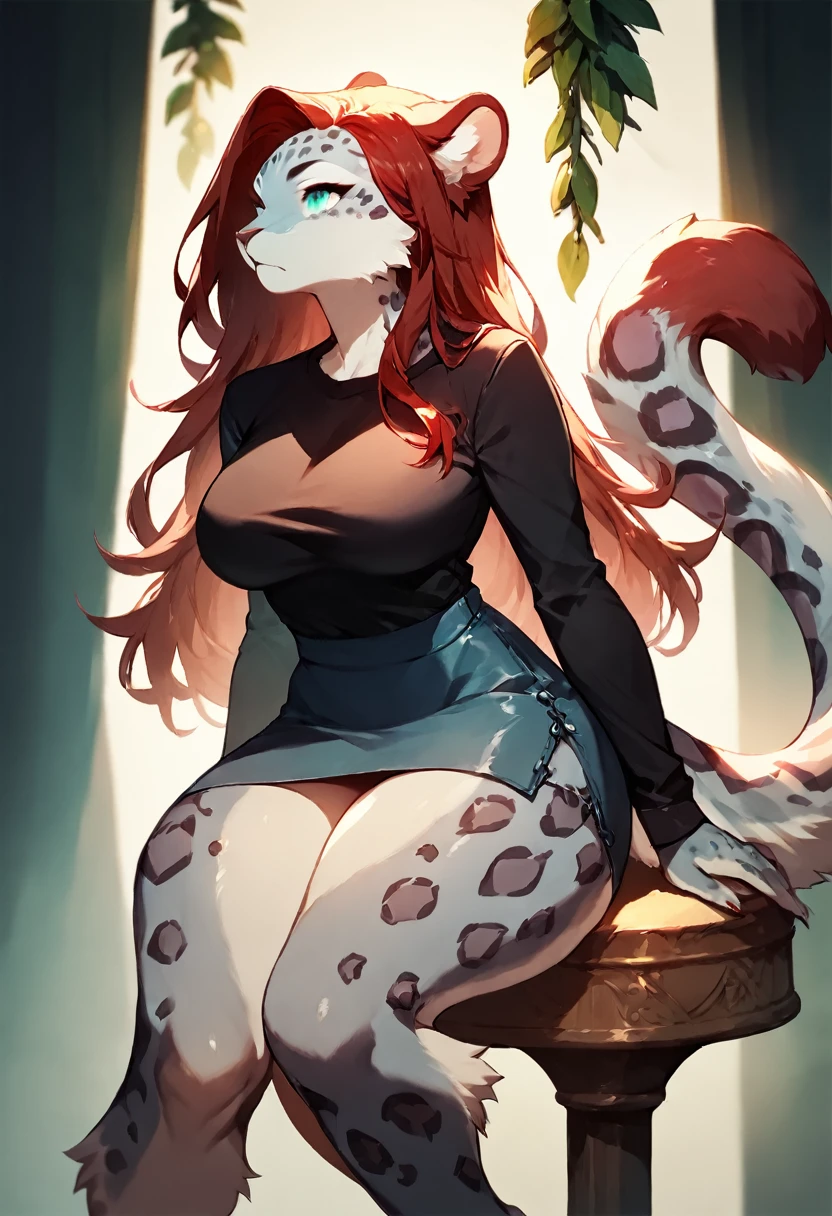 score_9, score_8_up, score_7_up, score_6_up, score_5_up, score_4_up, (solo), female anthro Snow leopard, black shirt, mini skirt, lusty, fluffy body, long dark red hair, turquoise eyes, sitting, (thick thighs:1.3) (she is standing)