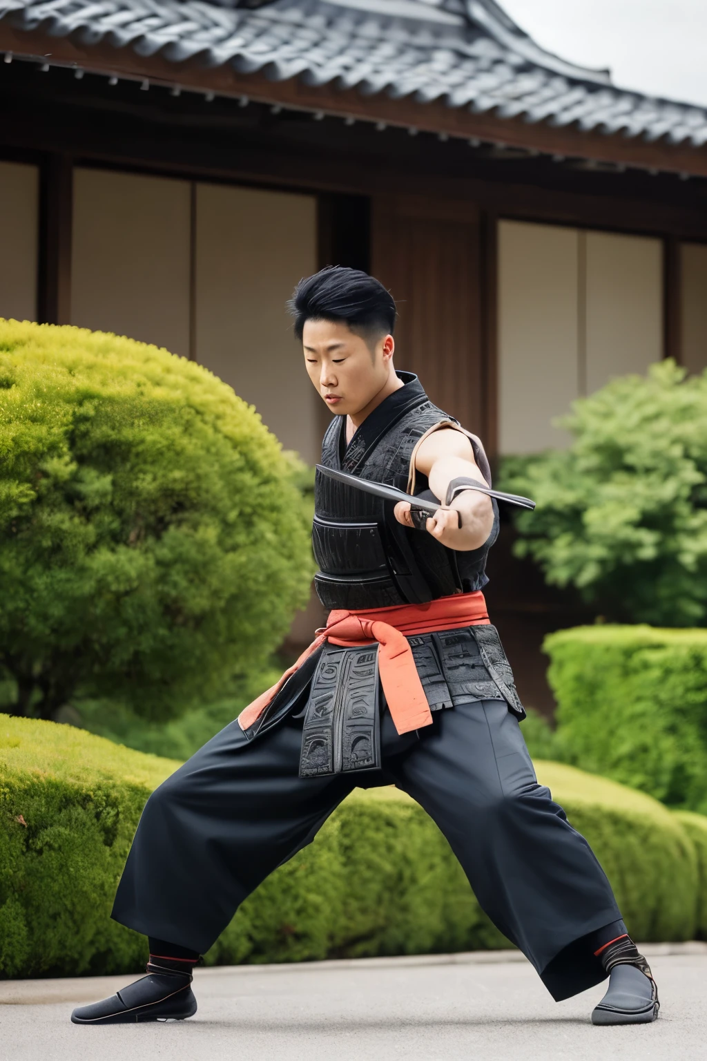 "Samurai Sakai training with his katana and combat knife."
