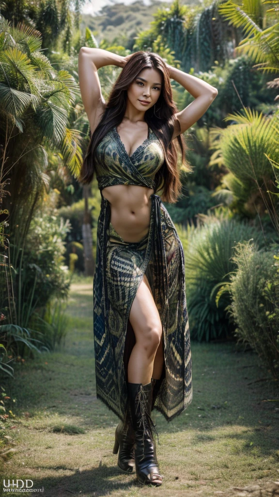 UHD photography indigenous long legged woman with feminine muscular body stature, beautiful natural face, wild long hair hairstyle, the woman's clothing is a snakeskin women's vest with inserted lace fabric and a snakeskin maxi wrap skirt with lace insert and high heel boots, model pose is dancing, swinging, standing frontally to the camera, photo background is a futuristic jungle landscape