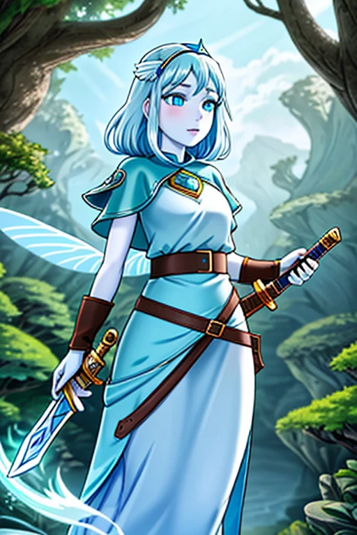 (best quality:1.3), (4K quality),masterpiece, best quality, high res, detailed, (Detailed face:1.2), (Detailed eyes:1.2), (Perfect figure:1.2), CARTOON, ANIME, CARTOON ARTSTYLE, Fantasy style, Fantasy based environment, solo, 1girl, fairy, wings, (pale blue skin:1.2), long white hair, blue eyes, confident smile, silver headpiece, long green dress, leather belt, brown leather gloves, brown boots, holding a sword, landscape of a beautiful forest
