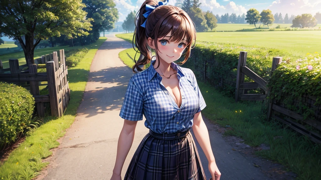 1girl, solo, full body, rural landscape, village, trees, sun, clouds, fantasy, brown hair, ponytail, large breasts, button down shirt, ((blue checked shirt)), ((short sleeved shirt)), ((unbuttoned shirt)), unbuttoning buttons, cleavage 1:3, shirt tied under chest, belly reveal, blue eyes, dark skirt, smile, looking at the viewer, standing, hair ribbon, golden necklate