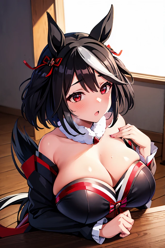 Uma musume, uma musume pretty derby, kitasan black \(umamusume\), black hair, short hair, red eyes,horse girl,horse ears, horse tail, big breasts,big ass,