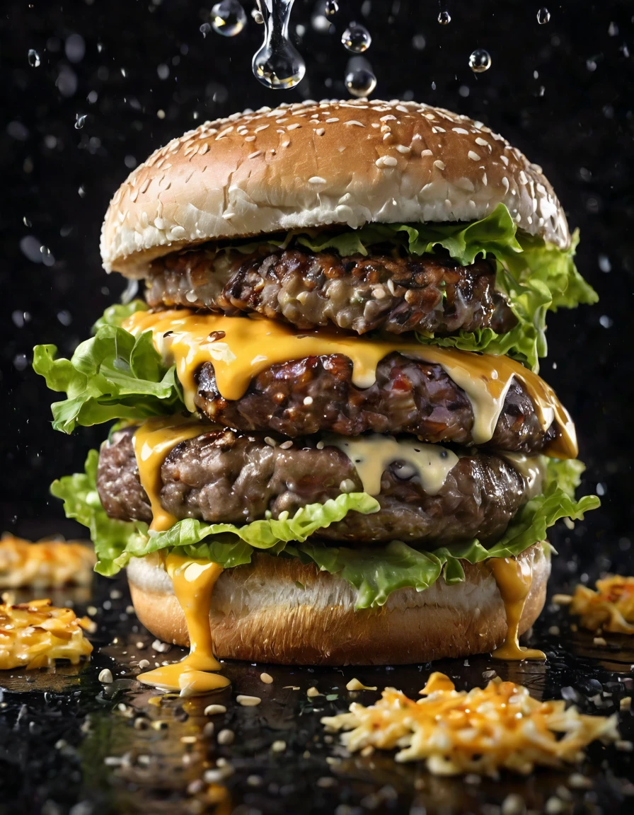 Classic cheeseburger with (Juicy beef burgers:1.3), (melted cheddar cheese:1.2), crispy lettuce, (sesame seed bread:1.1), (pieces of creamy sauce:1.1), (sesame seed bread:1.1), (flying sesame seeds:1.2) and water droplets caught in the air, (steam rising:1.1) de patty quente, (dark and moody setting:1.2), Reflective surface, (sharp detail:1.3) in textures, (dramatic lighting:1.2), food portrait, Canon EOS 5DS, 1/160s, f/2.8, ISO 50, sumptuous aesthetic,