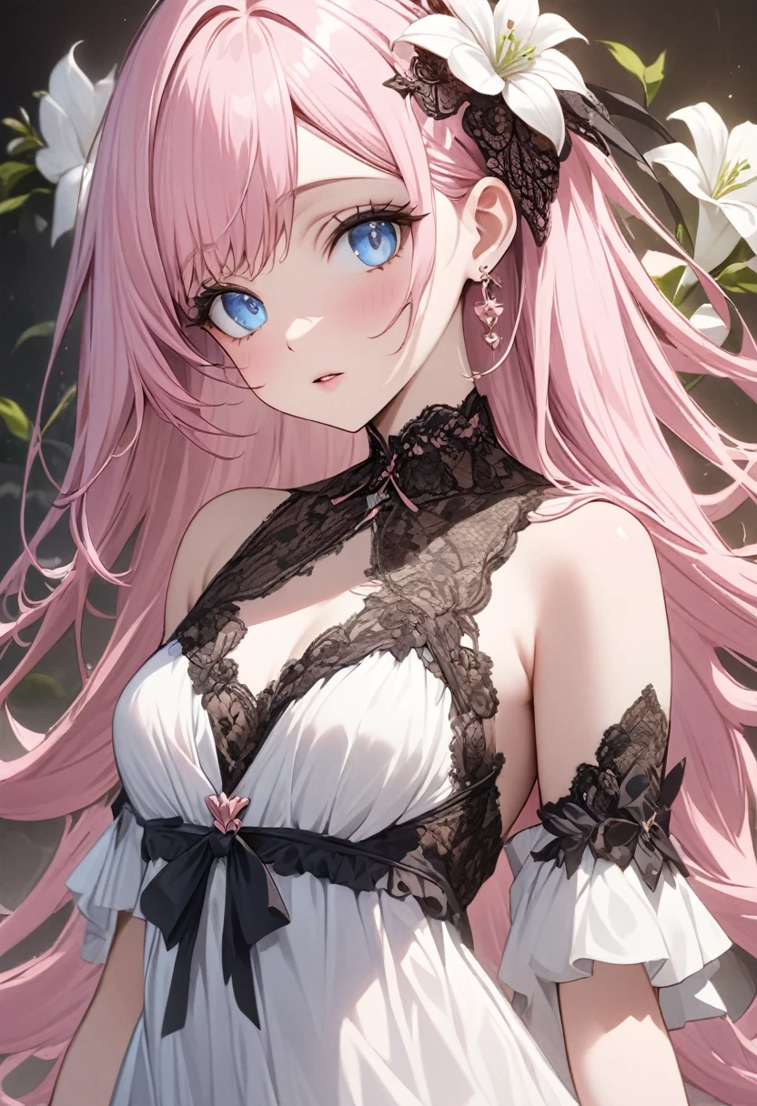 (masterpiece, Very detailed, Exquisite, beautiful, Full HD, High resolution, Absurd), Lilia, A girl with long pink hair, blue eyes, a white dress with black lace, a big pink ribbon on her chest, a white flower hair ornament around her right ear.