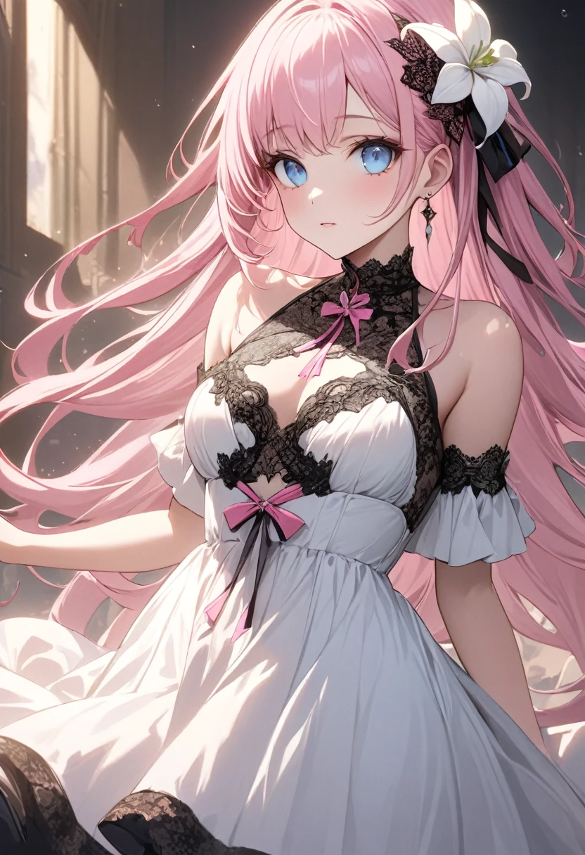 (masterpiece, Very detailed, Exquisite, beautiful, Full HD, High resolution, Absurd), Lilia, A girl with long pink hair, blue eyes, a white dress with black lace, a big pink ribbon on her chest, a white flower hair ornament around her right ear.