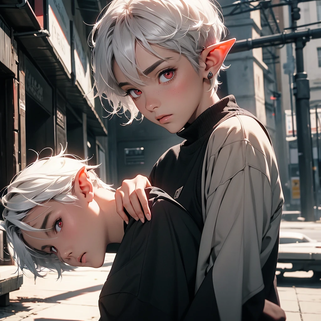 young elf, grey skin, dark clothes, red eyes, white short hair