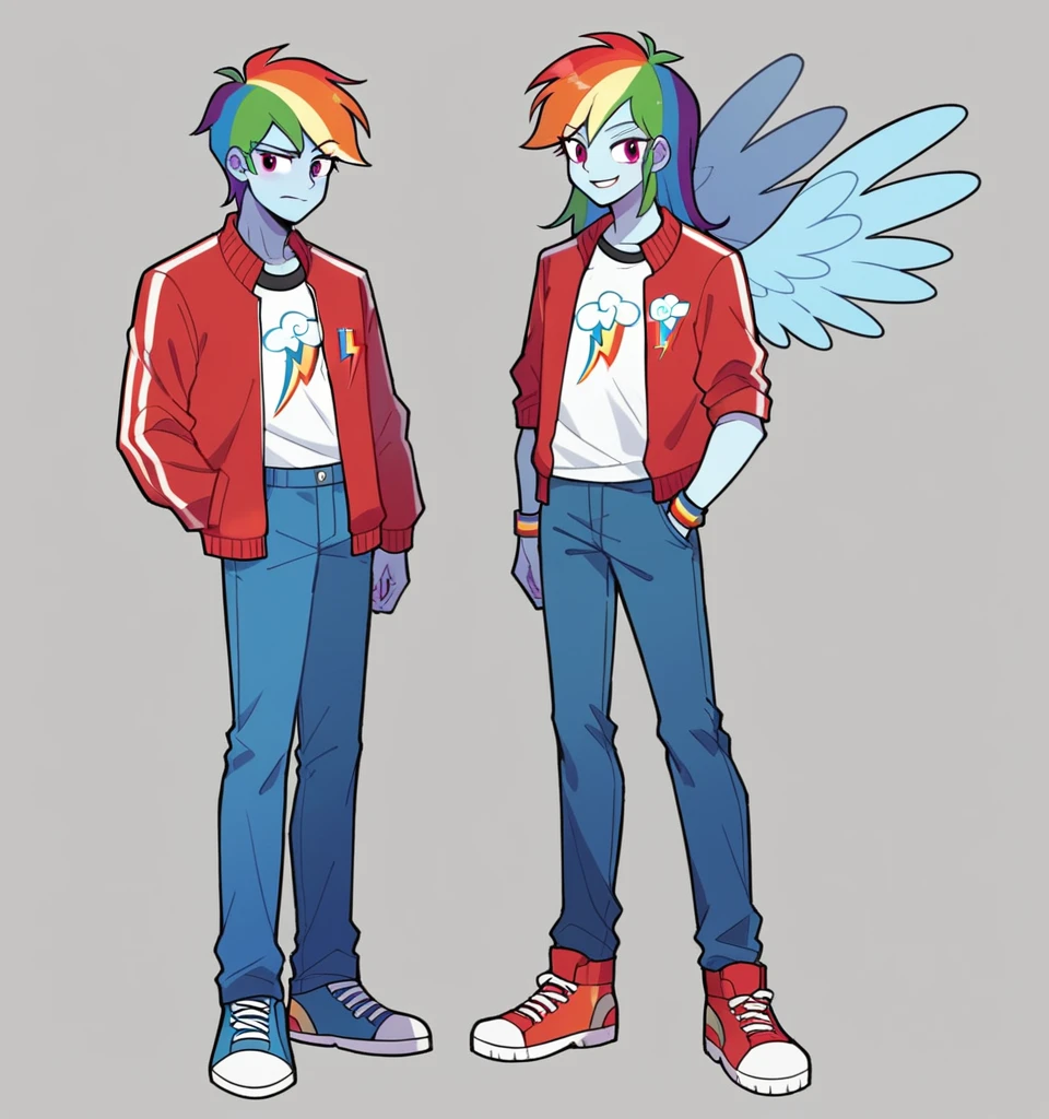 ((High Quality)) (( Perfect Cartoon Autonomy)) Masterpiece, Kai And Rainbow Dash, 1 girl and 1 boy only, Kai has white skin and brown spiky
Hair and is wearing a white t-shirt with a red jacket and blue jeans While Rainbow Dash is wearing a white t-shirt with a blue Jean jacket and skirt, Kai Lego ninjago, Rainbow Dash Equestria Girls, full bodies, Standing, in the hallways of High School, Kai and Rainbow Dash, cuerpo completo, high resolusion