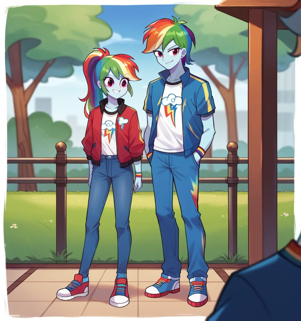 ((High Quality)) (( Perfect Cartoon Autonomy)) Masterpiece, Kai And Rainbow Dash, 1 girl and 1 boy only, Kai has white skin and brown spiky
Hair and is wearing a white t-shirt with a red jacket and blue jeans While Rainbow Dash is wearing a white t-shirt with a blue Jean jacket and skirt, Kai Lego ninjago, Rainbow Dash Equestria Girls, full bodies, Standing, in the hallways of High School, Kai and Rainbow Dash, cuerpo completo, high resolusion