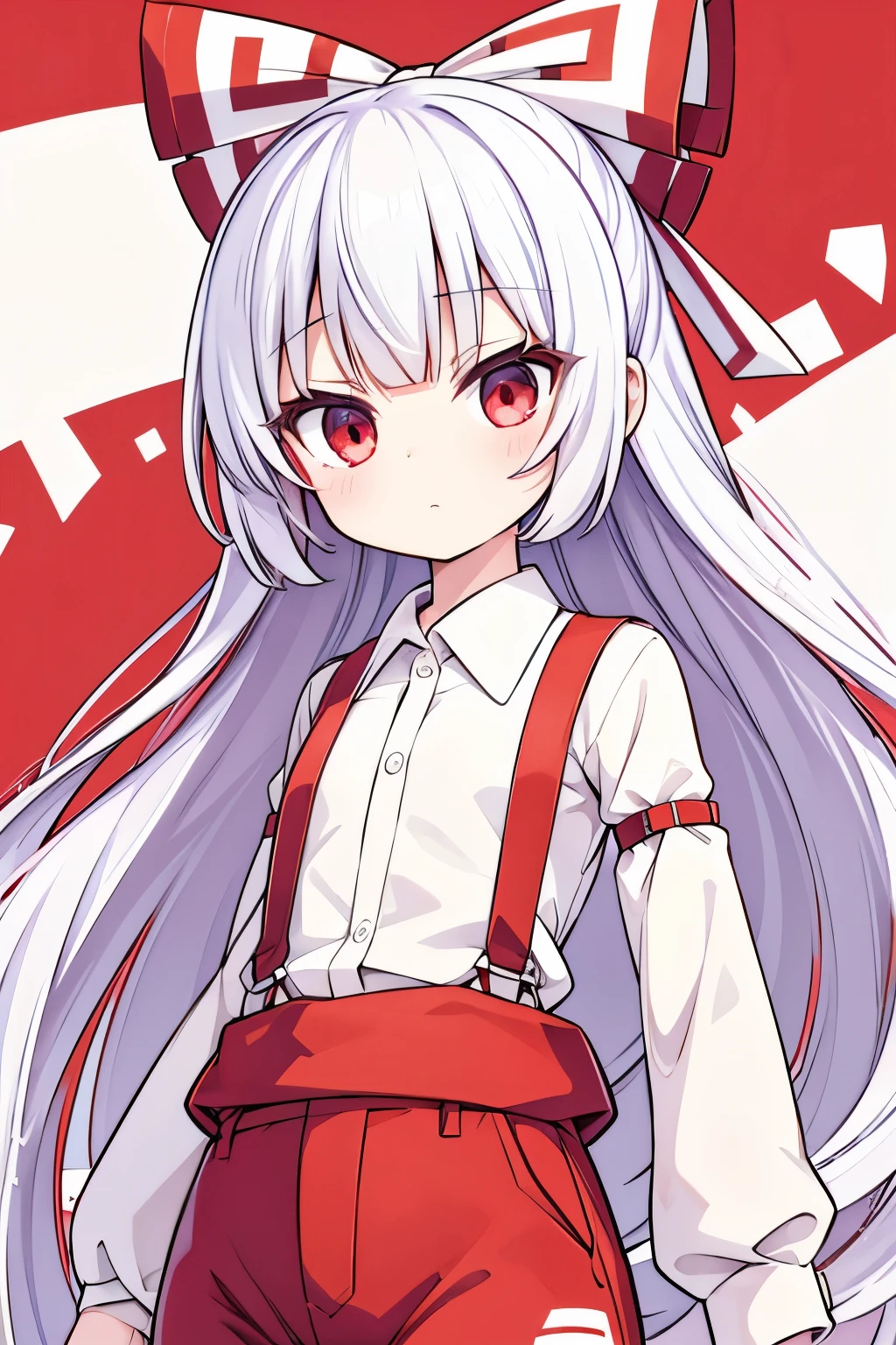 loli,white hair,red eyes, high ponytail, girl, solo, suspenders dress,long hair