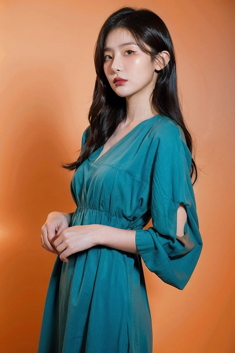 21 year old girl, orange background, beautiful dress 
