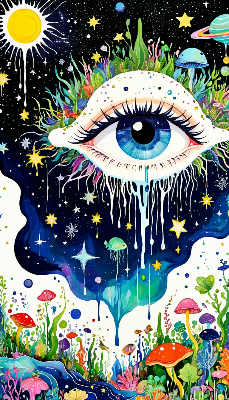 microorganism、plant、Marine life、1Stars dripping from my eyes、Starry Sky，Stitched into an abstract painting，Describing the inner world of autistic people，Sense of space，White Space，Childish lines，Psychedelic Art