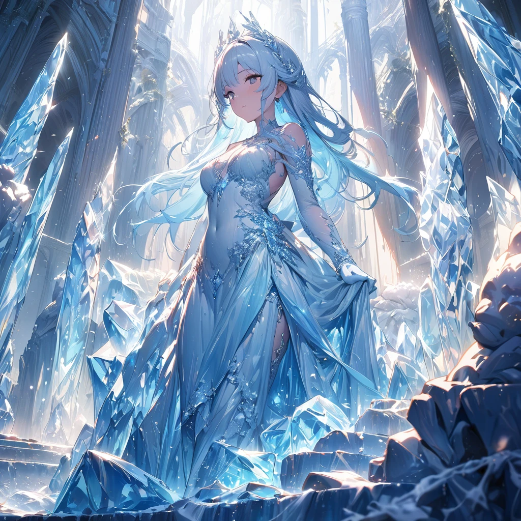 Ice statue,A very beautiful ice statue of a goddess, Transparent ice,illuminated by sunlight and reflected divinely,(((masterpiece))), (((best quality))), ((ultra-detailed)), (illustration), (detailed light),((an extremely delicate and beautiful)),
