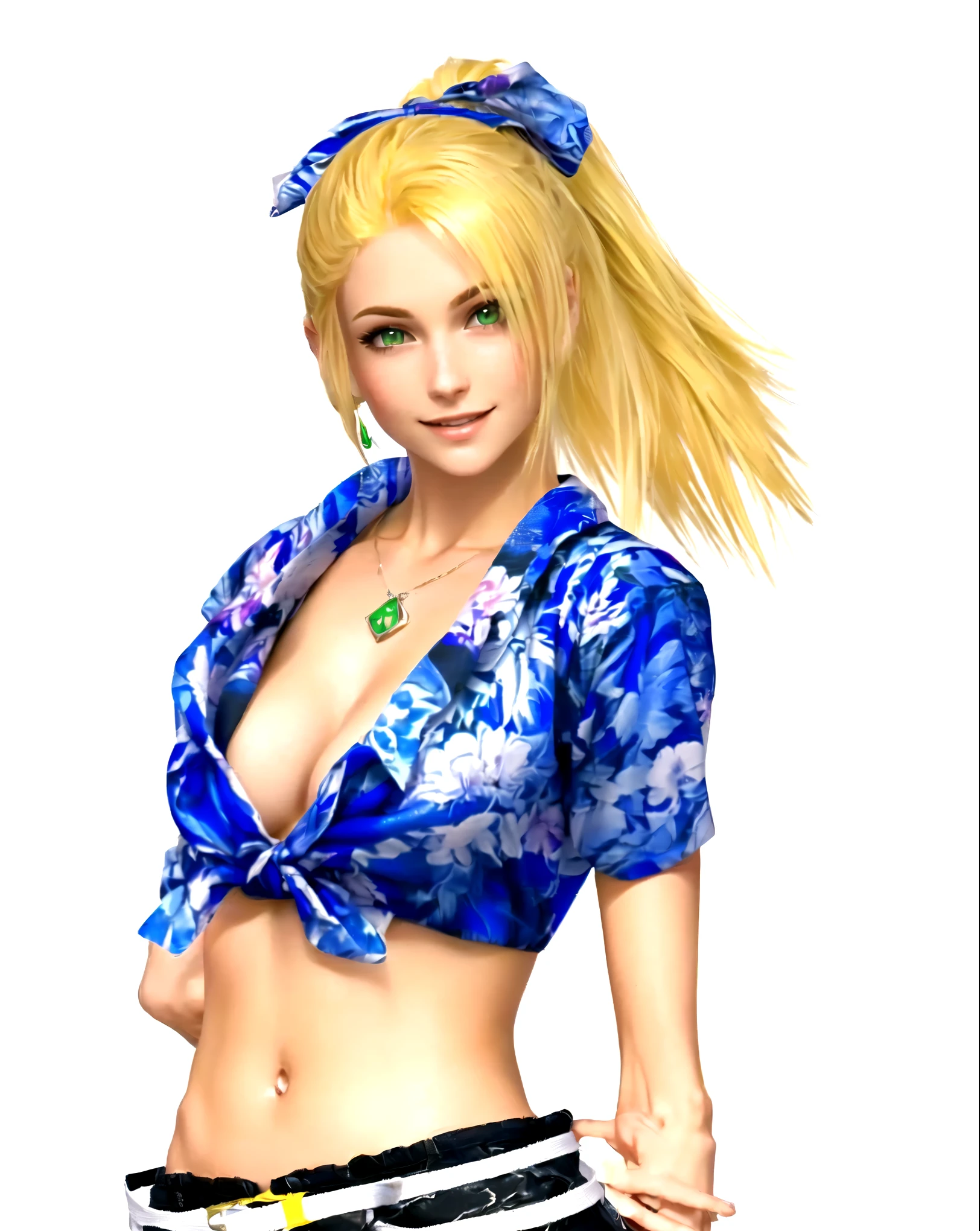 she's European, blonde hair, olive green eyes, (eyes turned to look at the camera), swedish, as a character in Out Run 2, of SEGA, 3D CG from the 2000s, Clarissa, 2k, 2 k, (( happy curious face)), realistic, render of april, fighting game character, nina from tekken, bright clean face, from devil may cry, hawaiian shirt, no bra, foulard tied on her head, grabbing her left arm with her right hand, happy wide open eyes