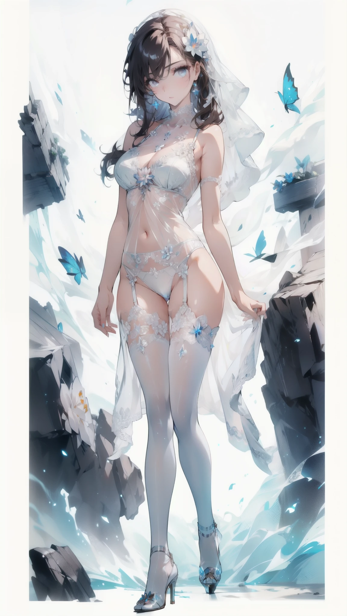 ((masterpiece, best quality)), Epic flower sea atmosphere，Delicate face，model，seaside，Beach，whole body，Standing picture，glowing white eyes，Large Breasts，Perfect body proportions，Pure white background，firefly，Transparent sexy lingerie，High heel