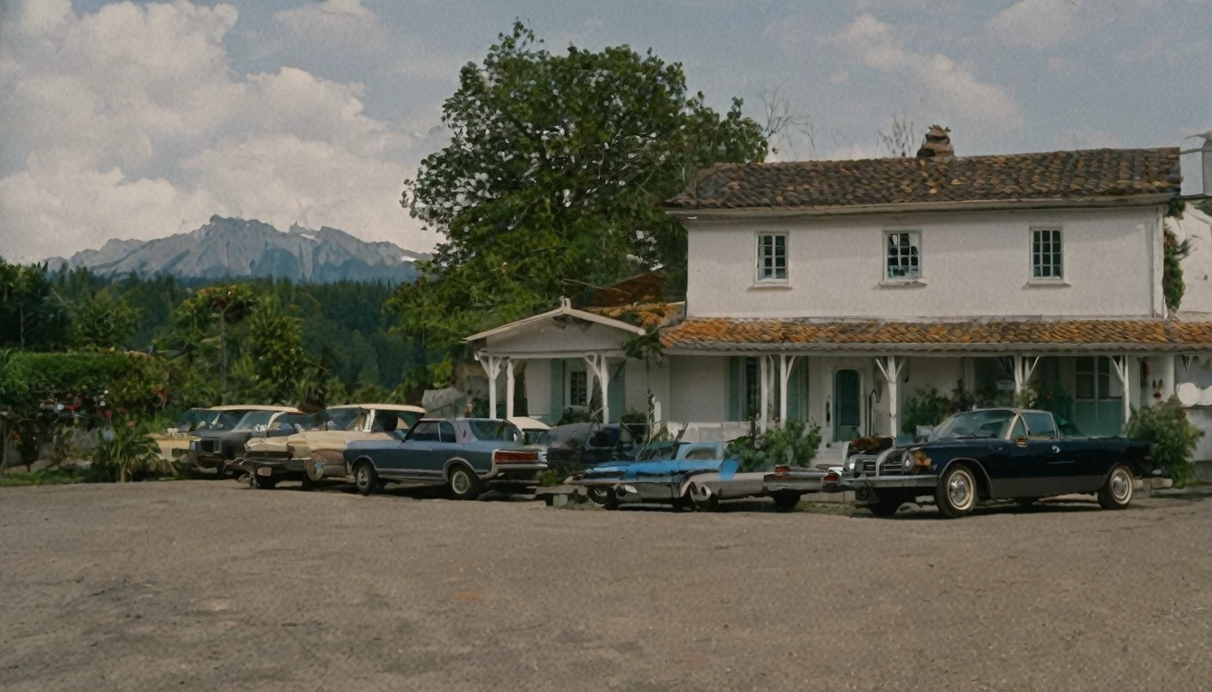 small isolated house, several cars parked in front, quiet day