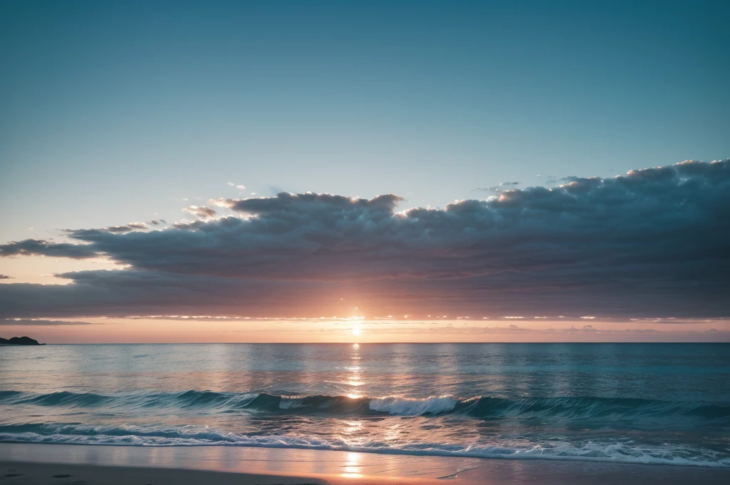Minimalist ocean landscape art wallpaper in the style of photography, inspired by Ansel Adams, capturing a serene ocean view with gentle waves, a soft gradient sky transitioning from light pink to deep blue at sunset, emphasizing simplicity and tranquility, 35mm lens, color temperature warm, soft lighting, peaceful atmosphere