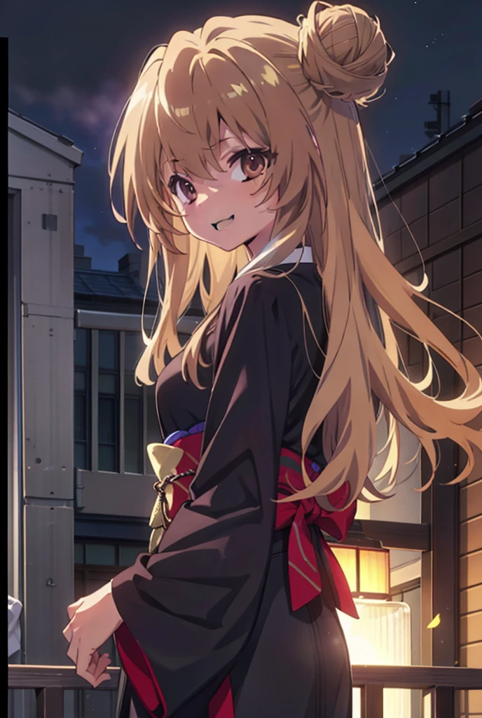 taiga aisaka, taiga aisaka, Long Hair, Brown Hair, Brown eyes,happy smile, smile, Open your mouth,Squint your eyes,Hair Bun, single Hair Bun,Black kimono,Thick sleeves,日本のfestival,夏festivalの屋台,Red lantern,night,night空の花火,Fireworks,The place is a fireworks display,時間はnightです,sunny day,turn around,As if your whole body is in the illustration,Walking, break looking at viewer, Upper Body, (Cowboy Shot:1. 5),
break outdoors, festival,shrine,
break (masterpiece:1.2), Highest quality, High resolution, unity 8k wallpaper, (shape:0.8), (Beautiful attention to detail:1.6), Highly detailed face, Perfect lighting, Highly detailed CG, (Perfect hands, Perfect Anatomy),