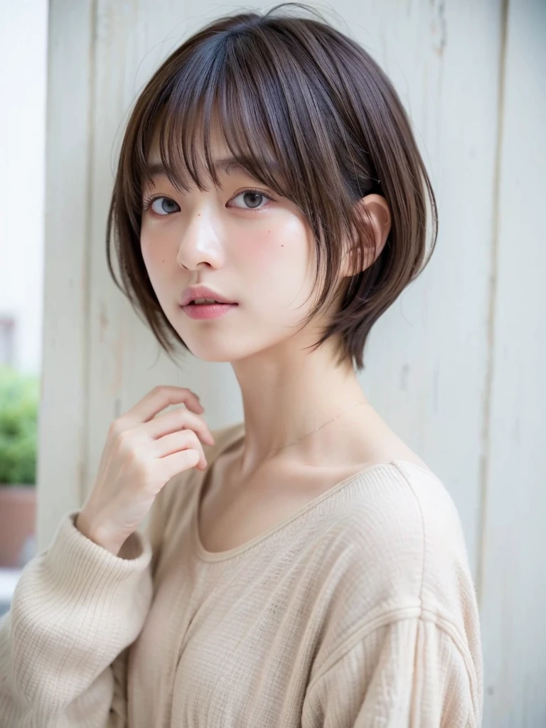(Highest quality、8K、32k、masterpiece、Hmph:1.2)、Cute Japanese Women Photos、Long sleeve dress、Very short hair、Photographed in natural light、whole body、Surface Focus、Simple Necklace、In front of a white door、From above、Looking at the audience、Mix 4、(8K、RAW Photos、Highest quality、masterpiece:1.2)、(Realistic、Photorealistic:1.37)、1 Girl、Photon Mapping、Physically Based Rendering、good looking、Excellent image quality、High resolution、1080P、(Beautiful face)、(Detailed facial depiction)、(Detailed explanation of the hand setter muscle parts)、(Detailed CG)、Dirty hair、masterpiece、Rich details、(exquisite features)、(Best image quality)、(masterpiece)、(Detailed eyes)、I look forward to seeing you、Delicate clavicle、Various poses、Swimwear、Provocative、Lots of exposure