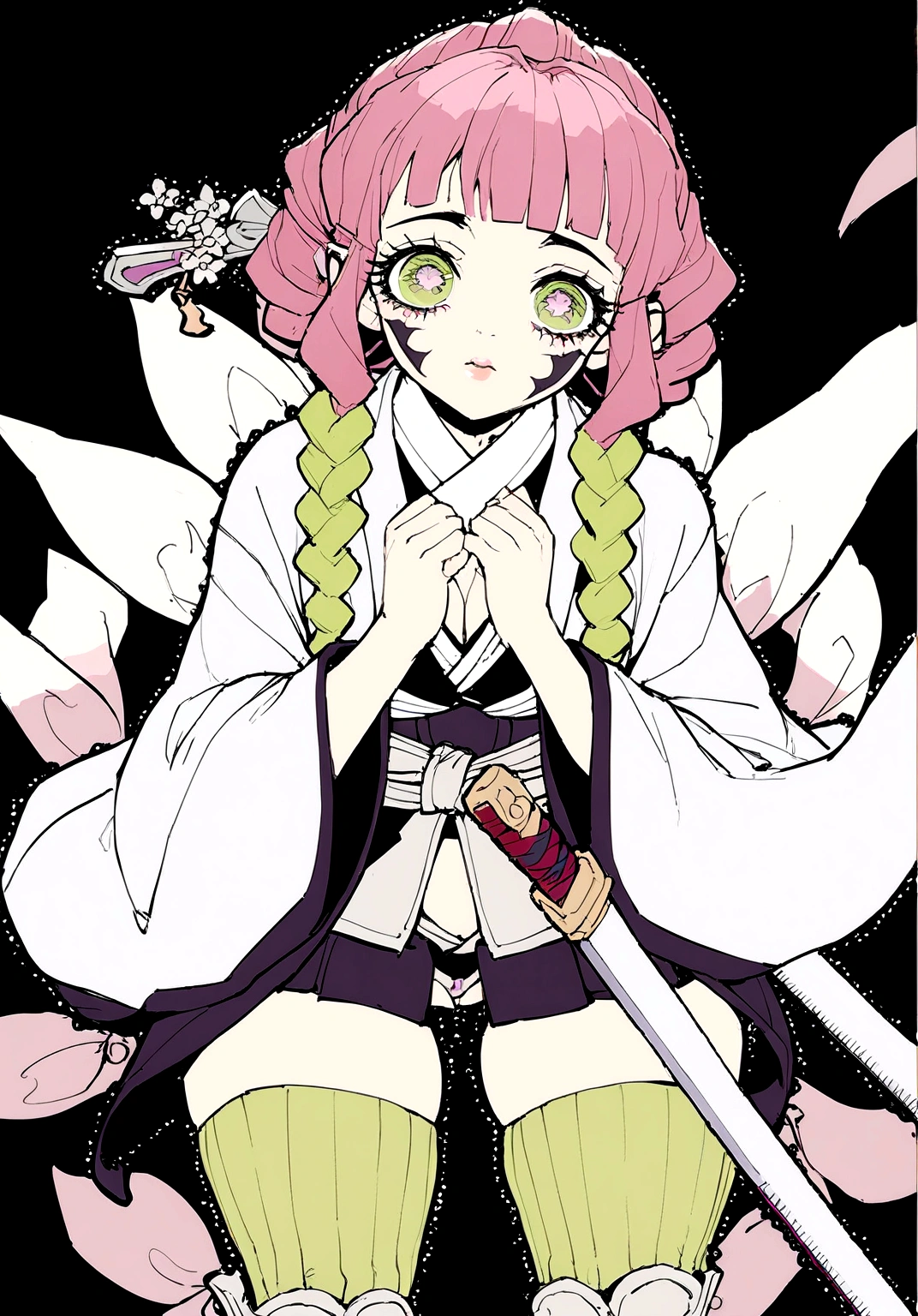 a female demon slayer swordsmith from kimetsu no yaiba, haori, sword, detailed facial features, beautiful detailed eyes, beautiful detailed lips, extremely detailed face, long eyelashes, elegant posture, cinematic lighting, dramatic angles, vivid colors, fantasy art, digital painting, concept art, hyper detailed, 8k, best quality, masterpiece