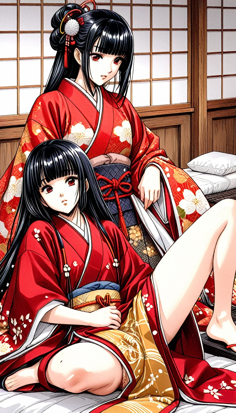 ((Highest quality)), ((masterpiece)), (detailed), （Perfect Face）、（The woman is a -yeld press from the Sengoku period in Japan., Long black hair and a beautiful face　Located in a luxurious samurai residence.、The woman is wearing a Japanese white kimono with a richly embroidered red shiny robe over it.　The red robe worn by Japanese princesses　Her hair is styled in a straight hime cut.　It is decorated with gorgeous ornaments from the Edo period.,   With the help of two women, she has her kimono lifted and her pussy spread.