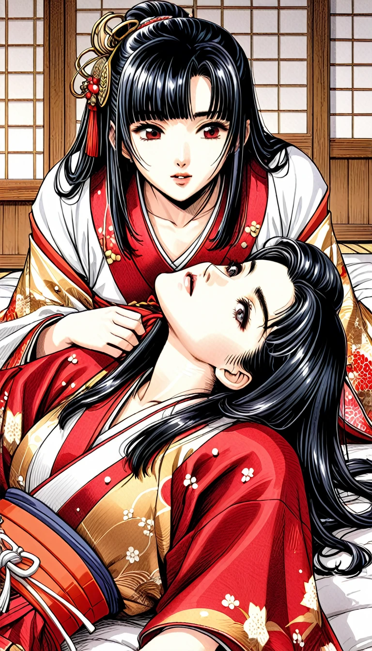 ((Highest quality)), ((masterpiece)), (detailed), （Perfect Face）、（The woman is a -yeld press from the Sengoku period in Japan., Long black hair and a beautiful face　Located in a luxurious samurai residence.、The woman is wearing a Japanese white kimono with a richly embroidered red shiny robe over it.　The red robe worn by Japanese princesses　Her hair is styled in a straight hime cut.　It is decorated with gorgeous ornaments from the Edo period.,   She was lying on her back on the futon and defecates a thick turd、Being forced to defecate