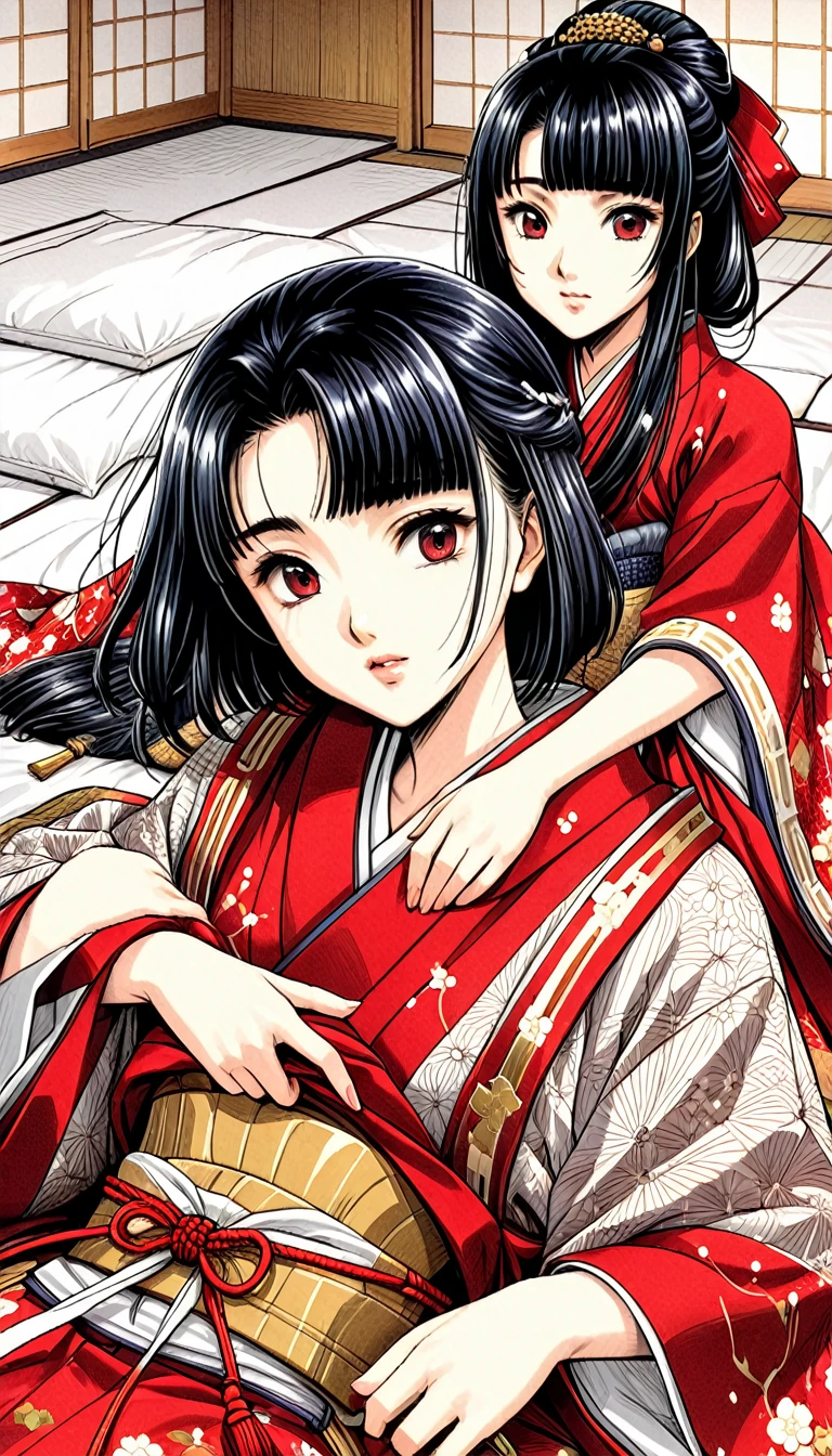 ((Highest quality)), ((masterpiece)), (detailed), （Perfect Face）、（The woman is a 12-year-old princess from the Sengoku period in Japan., Long black hair and a beautiful face　Located in a luxurious samurai residence.、The woman is wearing a Japanese white kimono with a richly embroidered red shiny robe over it.　The red robe worn by Japanese princesses　Her hair is styled in a straight hime cut.　It is decorated with gorgeous ornaments from the Edo period.,   She was lying on her back on the futon and defecates a thick turd、Being forced to defecate