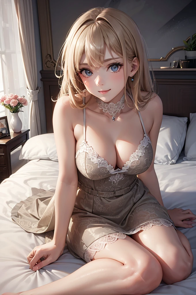 Best Quality,High resolution,8K,finelity detailed background,Masterpiece:1.2),beautiful girl,Shiny khaki hair,asymmetrical hair,Khaki Eyes,Gentle look,A refreshing look,Best quality,Best Quality,Aesthetic and aesthetic:1.2,Best details((Super detailed))(High-definition CG illustrations),Grey underwear (dark gray,intricate lace),Slender body,Late Night,moon,Bedroom,On the bed,smile,blush,cute,Scrounge,Looking up,Being spoiled,super model,wariza,shoot from below