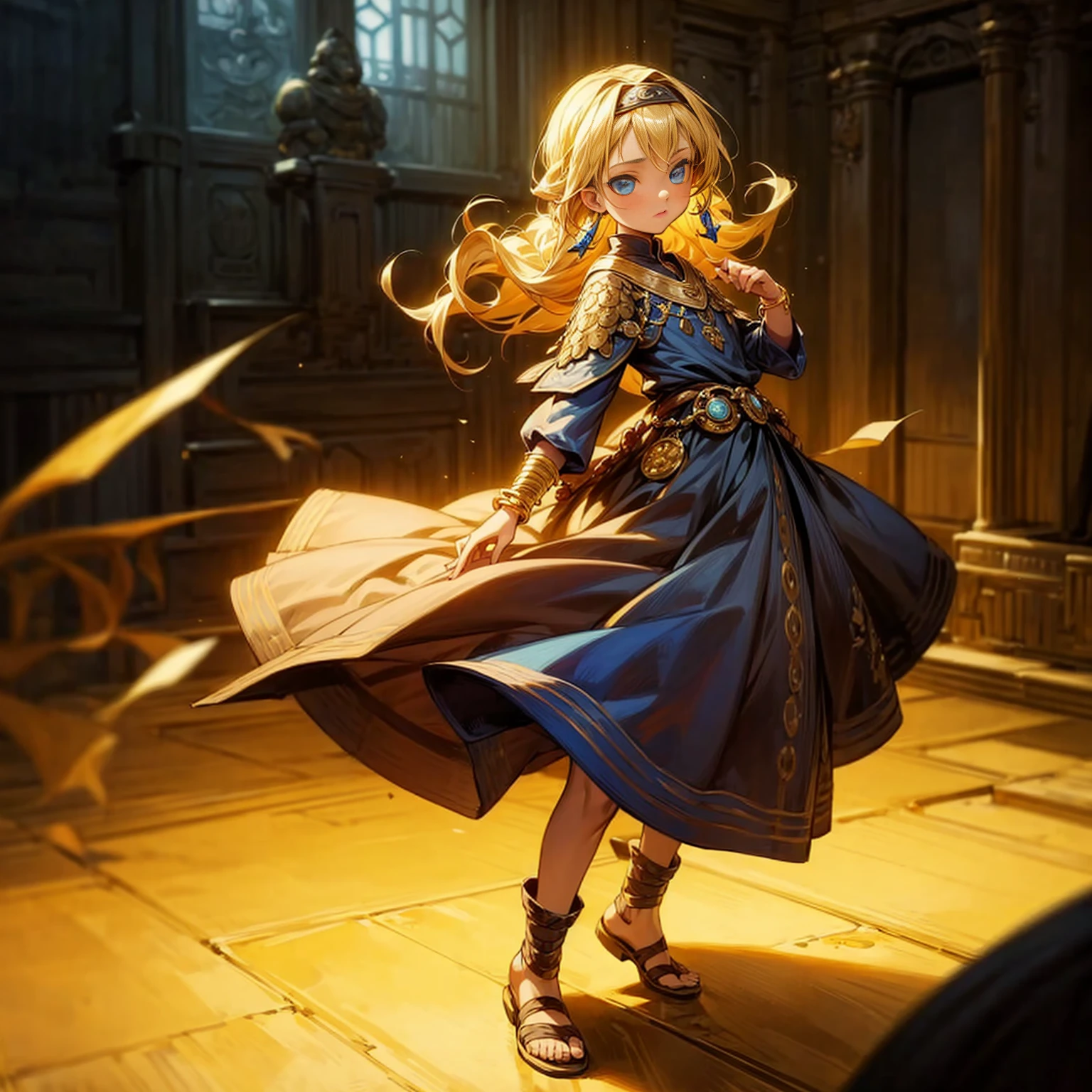 1childern girl, Full body version, 1character,  version, blue eyes color, long Curly haircut, blonde colour hair, Gold earrings, gold bracelets, medieval style clothing, Grassroots, background in indoor bar, motion blur, (Naruto style)