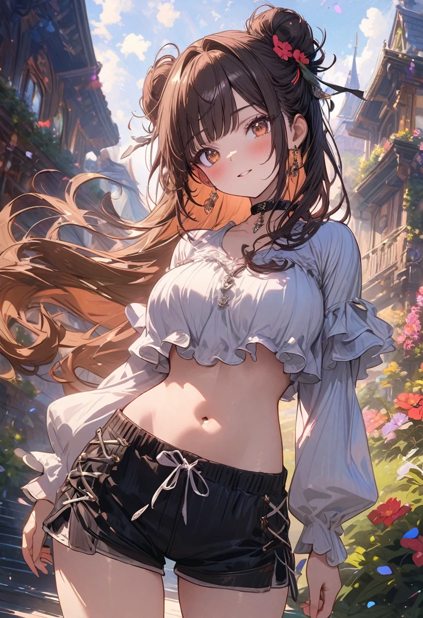 (masterpiece), best quality, very aesthetic, newest, absurdres, detailed, high quality
BREAK
highest quality, top quality, details, highres, ultra fine painting, digital art, official art, cinematic, 4k, 8k resolution, 8K CG wallpaper, CG, original artwork, detailed background, colorful background, blue atmosphere, High Dynamic Range, blurry background, blue hour, Starburst effects, crepuscular rays, good ISO, high resolution, wide shot, from far away, RAW photo, POV, sharp focus, light reflection, reflections, intricate details, soft light, particle noise, professional photography, bokeh, depth of field, natural lighting, vibrant colors, looking away, detailed lights and shadows, stylish, ultra-detailed, top rated on Pixiv, trending on Artstation, niji style, modern-days, master crafted, pose
BREAK
solo, (close up), 1girl, pale skin, correct fingers, detailed hand, (big breasts:1.2), big thighs, small torso, short body, flushtered, blush, anxious expression, embarassed, embarassed act, casual, slim, ((cute, childlike face):1.3), nice body, nice hips, brown hair, (very long flowing hair), (big 2 buns hairstyle)), long bangs, long hair, middle hair bangs, brown eyes
BREAK
(white frilly loose-fitting crop shirt, long sleeve, string sweatshorts, choker, casualwear style, detailed tummy, belly button, modern fashion)
BREAK
tranquil park scene, the park features lush, green grass, a variety of trees in different shapes and sizes, and a serene pond reflecting the sky. Scattered benches and winding pathways invite visitors to stroll and relax. Include a vibrant flower garden with a mix of colorful blooms.
