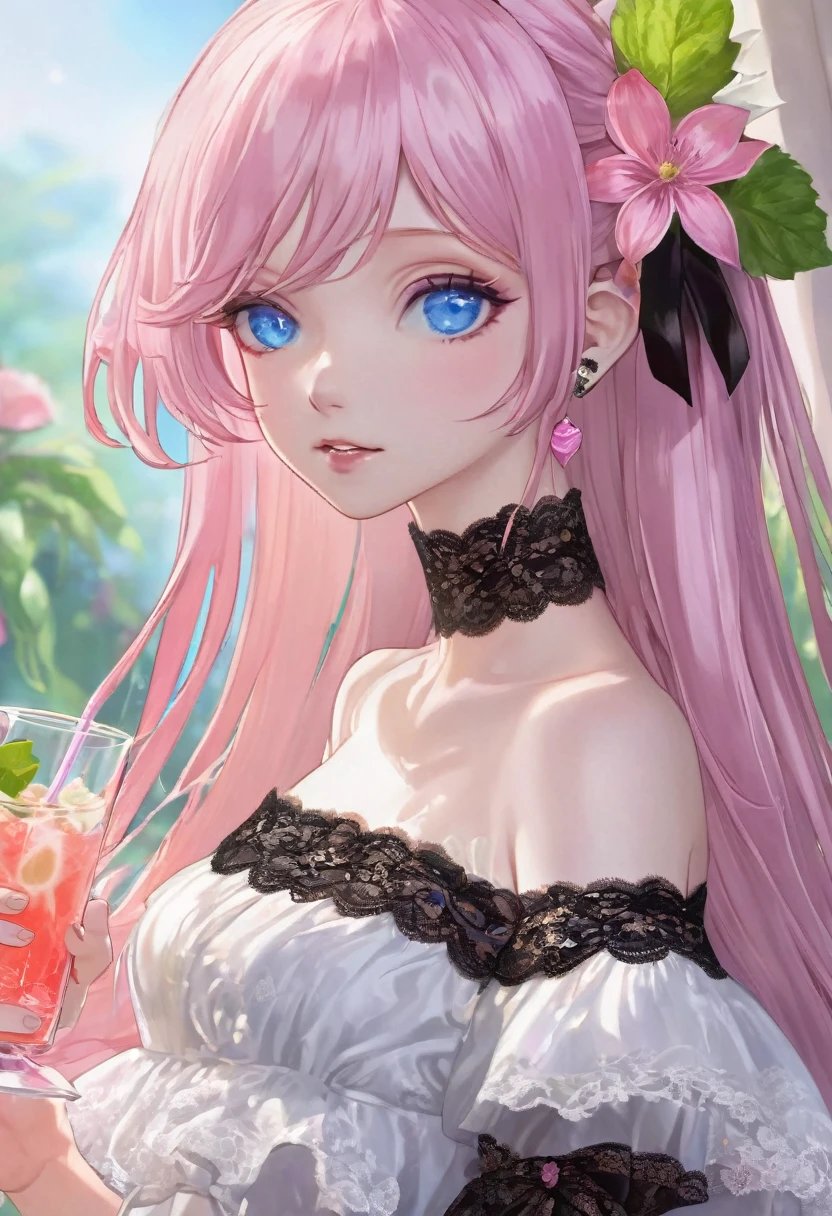 (masterpiece, Very detailed, Exquisite, beautiful, Full HD, High resolution, Absurd), Lilia, A girl with long pink hair, blue eyes, a white dress with black lace, a big pink ribbon on her chest, a white flower hair ornament around her right ear. Drinking melon soda