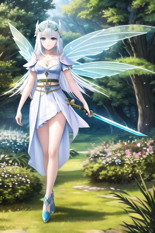 (best quality:1.3), (4K quality),masterpiece, best quality, high res, detailed, (Detailed face:1.2), (Detailed eyes:1.2), (Perfect figure:1.2), Fantasy style, Fantasy environment, solo, 1girl, fairy, wings, pale blue skin, long white hair, blue eyes, confident smile, silver headpiece, long green dress, leather belt, brown leather gloves, brown leather boots, holding a sword, landscape of a beautiful forest
