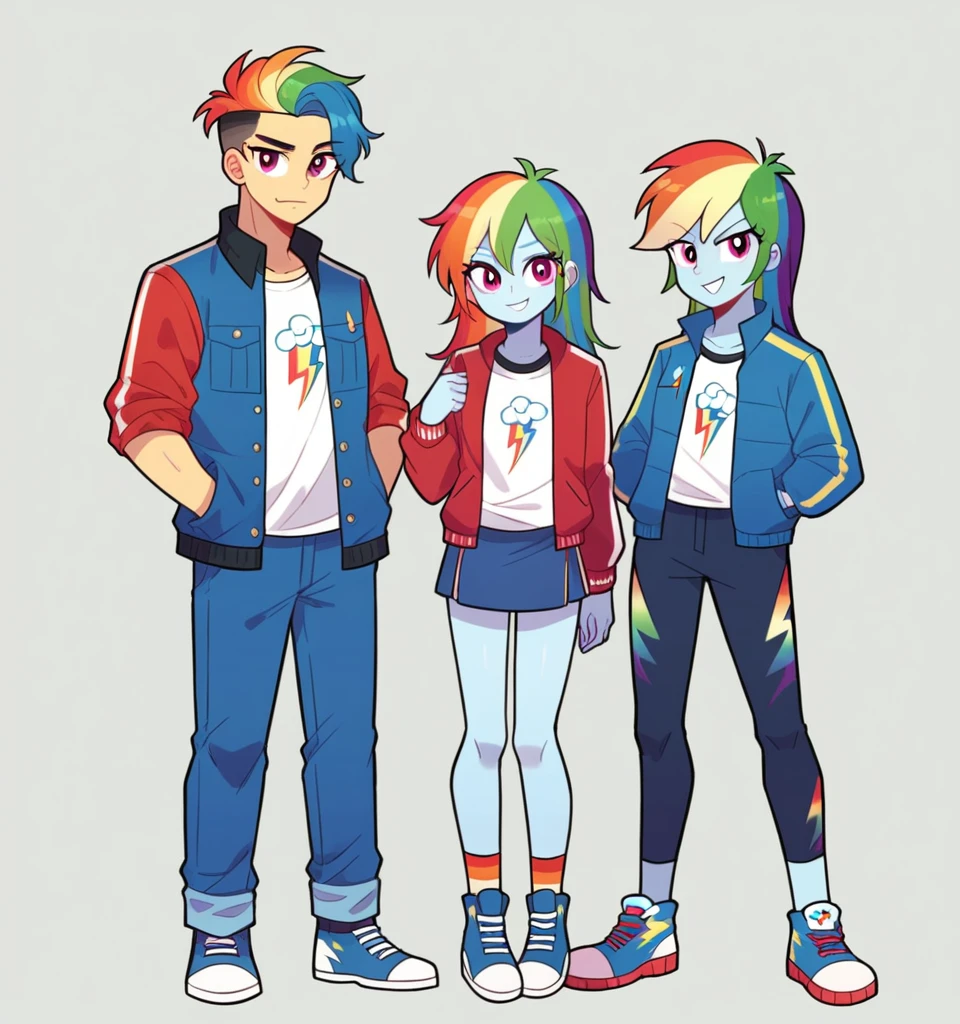 ((High Quality)) (( Perfect Cartoon Autonomy)) Masterpiece, Kai And Rainbow Dash, 1 girl and 1 boy only, Kai has white skin and brown spiky 
Hair and is wearing a white t-shirt with a red jacket and blue jeans While Rainbow Dash is wearing a white t-shirt with a blue Jean jacket and skirt, Kai Lego ninjago, Rainbow Dash Equestria Girls, full bodies, Standing, in the hallways of High School, Kai and Rainbow Dash, cuerpo completo, high resolusion