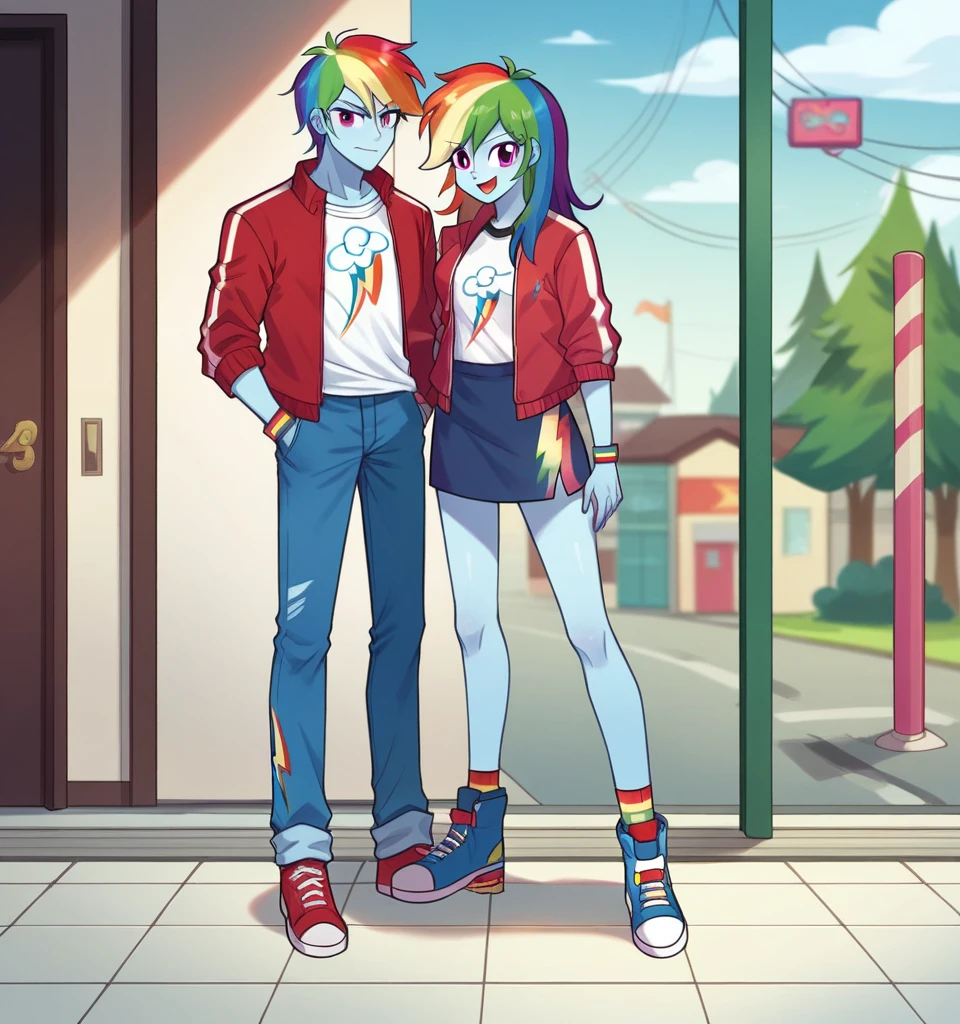 ((High Quality)) (( Perfect Cartoon Autonomy)) Masterpiece, Kai And Rainbow Dash, 1 girl and 1 boy only, Kai has white skin and brown spiky 
Hair and is wearing a white t-shirt with a red jacket and blue jeans While Rainbow Dash is wearing a white t-shirt with a blue Jean jacket and skirt, Kai Lego ninjago, Rainbow Dash Equestria Girls, full bodies, Standing, in the hallways of High School, Kai and Rainbow Dash, cuerpo completo, high resolusion